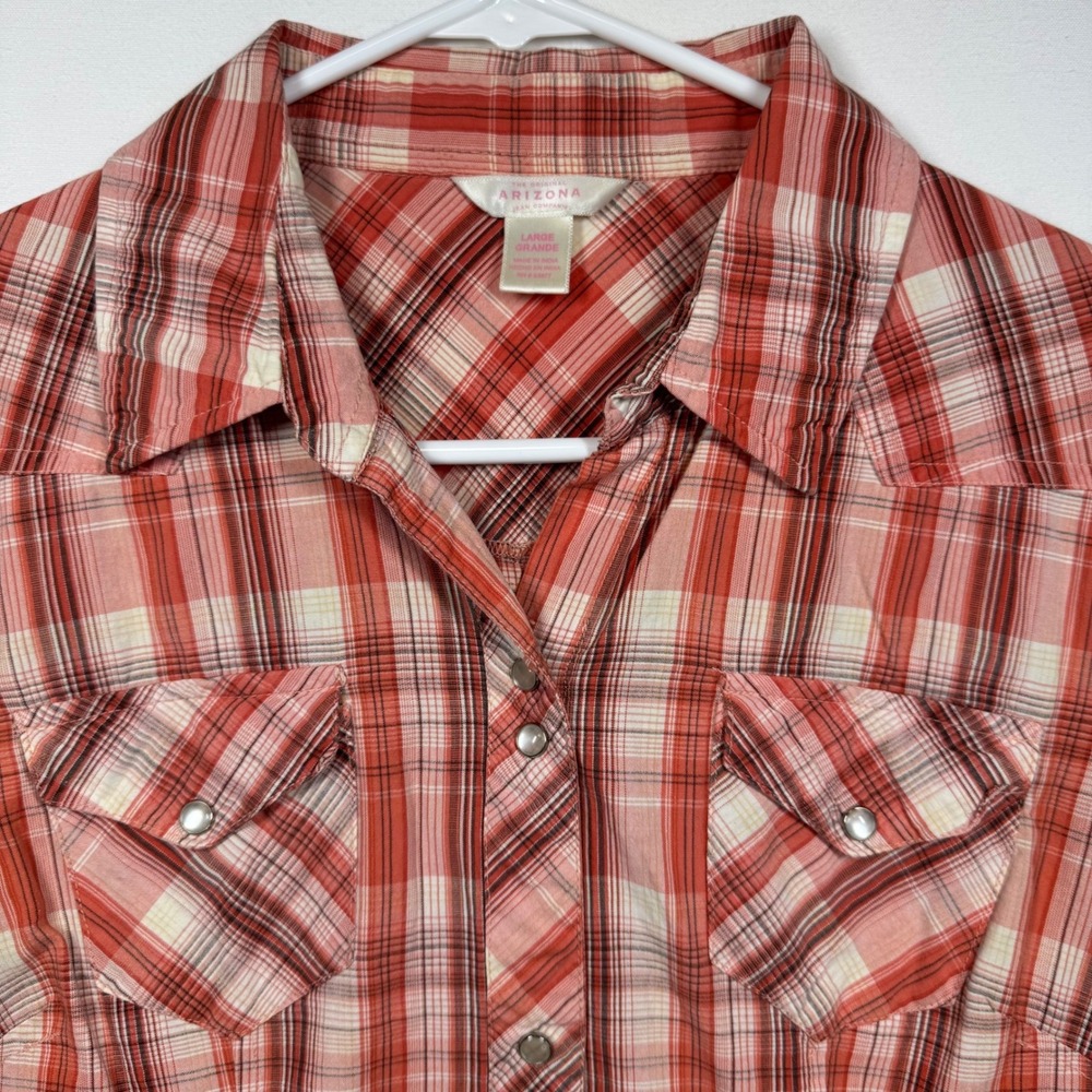 Arizona Jean Company Women's Plaid Pearl Snaps Short Sleeve Western Shirt Sz Lg - Picture 1 of 9
